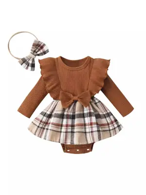 Newborn Crawling Suit Brown Plaid Headband Set