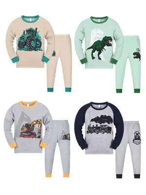 Kids Pajamas Set Flame Retardant Polyester Dinosaur Tractor Design