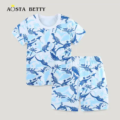 Kids Dinosaur Print Summer Suit Blue White