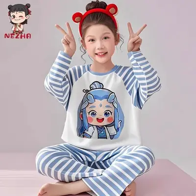 Nezha Cartoon Pajamas for Girls Blue Striped Warm Comfort