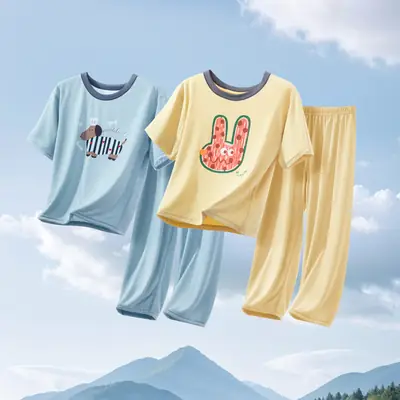 Kids Pajama Set Light Blue & Yellow Cartoon Print 3-10Y