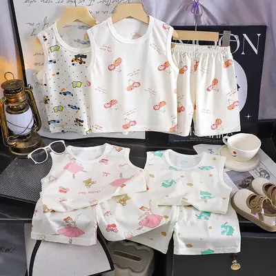 Kids Vests & Shorts Set Korean Print Cotton Summer Wear thumbnail 1