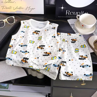 Kids Vests & Shorts Set Korean Print Cotton Summer Wear thumbnail 2