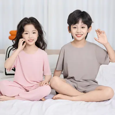 Kids Ice Silk Pajamas Summer Set Pink Grey
