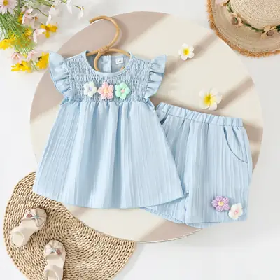 Light Blue 3D Floral Baby Suit for Girls 3-4 Years