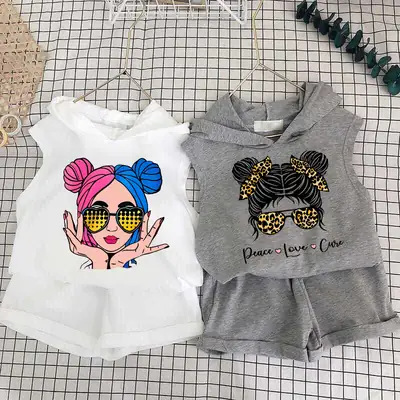 Kids Korean Print Hoodie Shorts Set White Grey Summer thumbnail 1