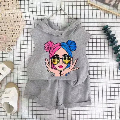 Kids Korean Print Hoodie Shorts Set White Grey Summer thumbnail 3