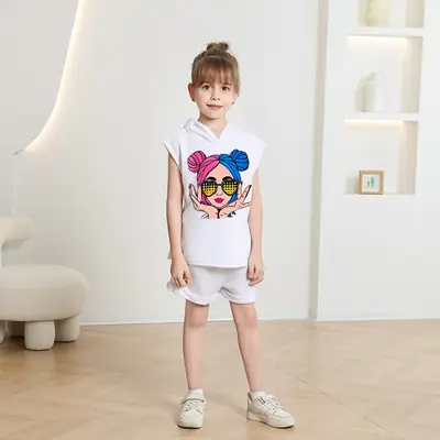 Kids Korean Print Hoodie Shorts Set White Grey Summer thumbnail 4