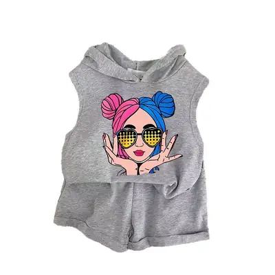 Kids Korean Print Hoodie Shorts Set White Grey Summer thumbnail 5