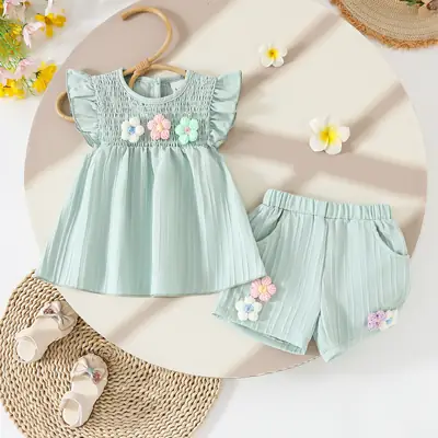 Light Green 3D Floral Baby Suit Set for Girls