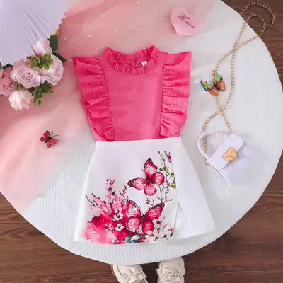 Pink Butterfly Print Girls Summer Outfit Set