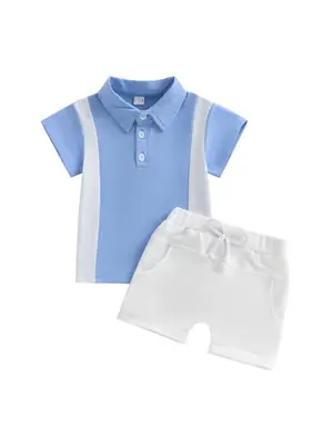 Blue White Colorblock T-Shirt & Shorts Set for Kids 6-12M