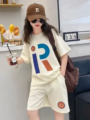 Girls Short Sleeve Graphic Suit Cream Summer Wear