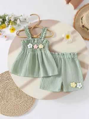 Green 3D Floral Baby Suit Set for Girls
