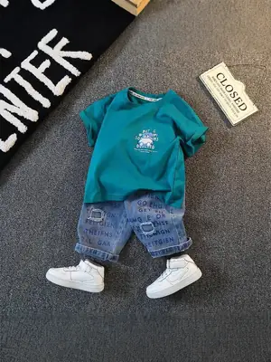 Kids Denim Bear Print Summer Suit Teal Shorts White Sneakers