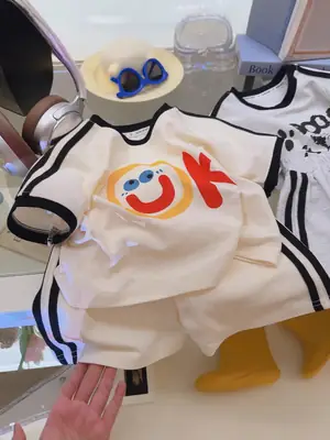 Kids Summer T-Shirt Set Off White Korean Print 160cm