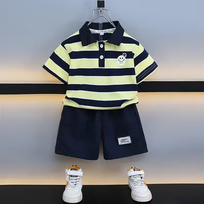 Kids Striped Polo Shorts Set Navy Yellow