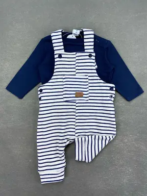 Navy Striped Baby Overalls Set with Front Pocket