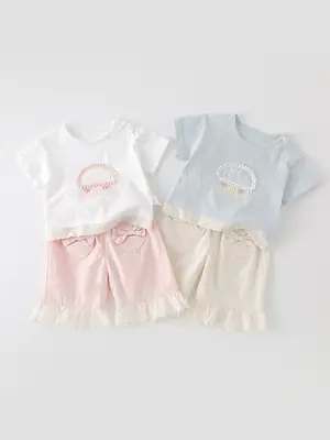 Girls Cotton Summer Suit White Pink Blue Bow Embroidery