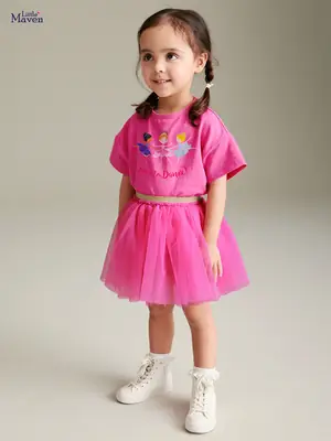 Pink Ballet Print Tulle Skirt Set for Girls