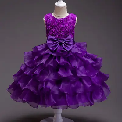 Purple 3D Ruffled Kids Wedding Dress for Girls 3-8Y thumbnail 1