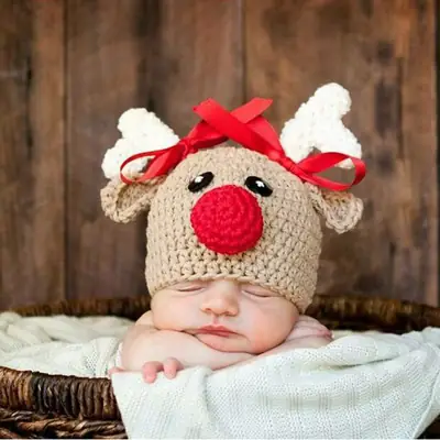 Reindeer Hat for Newborns Red Nose Cotton Winter Photo Props