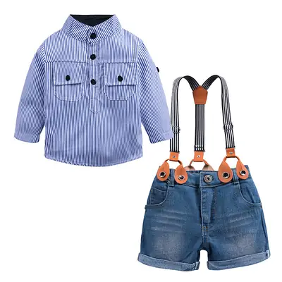 Kids Blue Striped Shirt & Denim Shorts Set