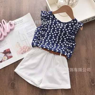 Navy Floral Sleeveless Top with White Shorts for Kids