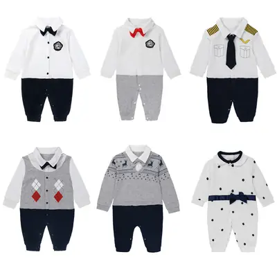 Baby Jumpsuits Set Navy Grey White Collar Bow Tie