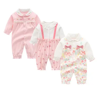 Baby Jumpsuit Set Pink Floral Bow Spring Autumn