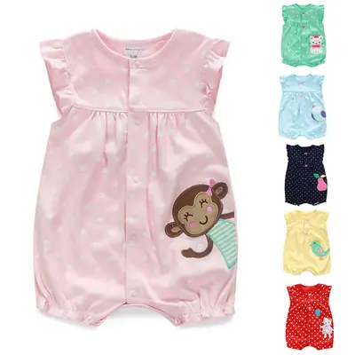 Baby Romper Pink Cotton Summer Wear with Animal Embroidery