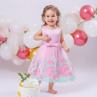 Pink Sleeveless Floral Embroidered Dress for Girls