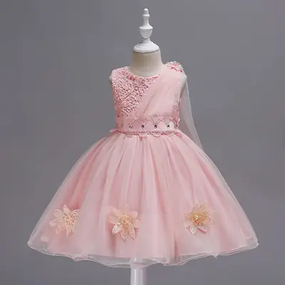 Pink Lace Floral Mesh Dress for Girls