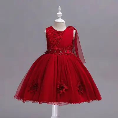 Red 3D Floral Mesh Dress for Girls Wedding Party