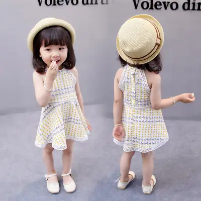 Girls Polka Dot Halter Neck Dress Beige Cotton Summer Wear