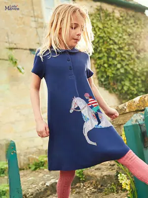 Navy Blue Horse Print Kids Dress with Pink Tights
