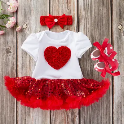 Red Heart Mother's Day Baby Set with Sequin Skirt & Bow