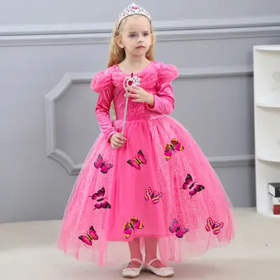Pink Butterfly Princess Dress for Girls 4-10 Years