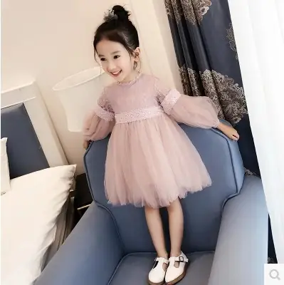 Pakistani Girl Long Sleeve Tulle Dress Beige