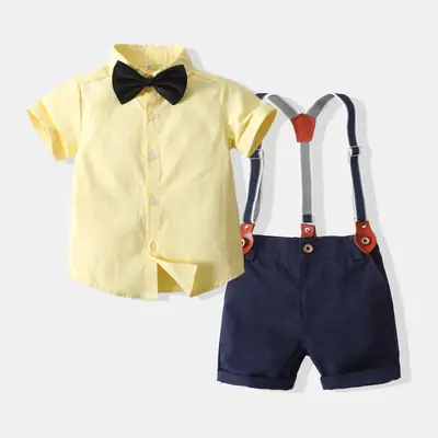 Kids Summer Shirt Set Yellow Bow Tie Shorts
