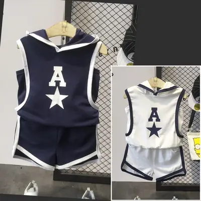 Kids Sleeveless Hooded Vest Short Navy White Star