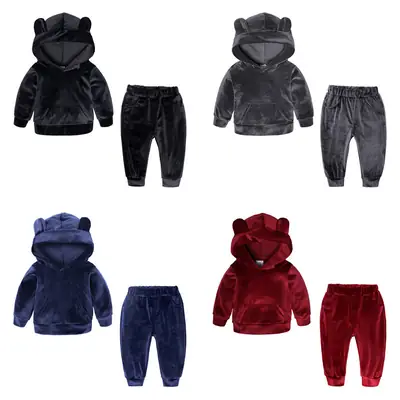 Velvet Hoodie Pants Set for Kids Bear Ears Hooded Sweatshirt