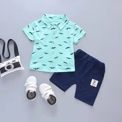 Kids Moustache Print Suit Set Mint Blue Shorts