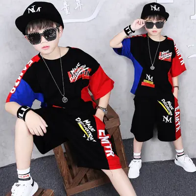 Kids Korean Graphic Shorts & Tee Set Black Red Blue Medium