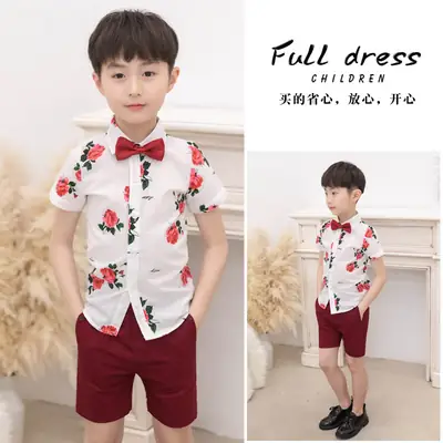 Children Full Dress Set Floral Red Bow Tie 85-95cm
