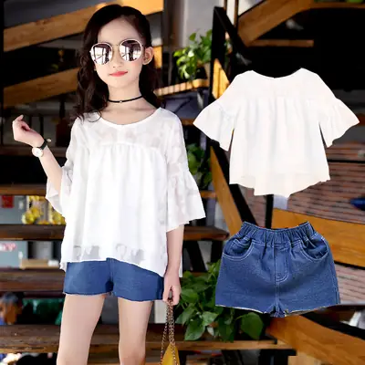 White Lace Top & Denim Shorts Set for Girls Summer Wear