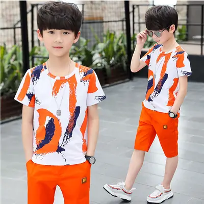 Kids Boys T-Shirt Shorts Set Orange Navy Summer Wear