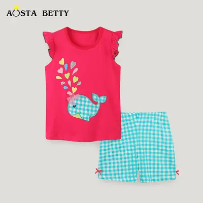 Kids Cotton Whale Graphic Top & Shorts Set Pink Blue