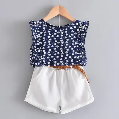 Dark Blue Floral Top with White Shorts for Girls 3-7