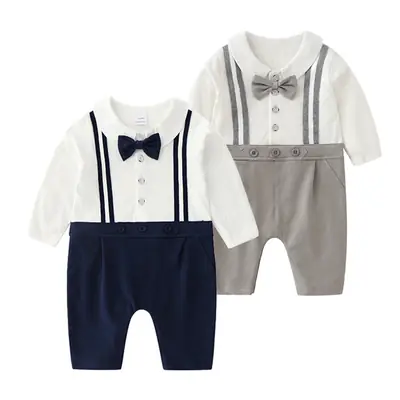 Baby Romper Set Navy Gray Bow Tie Suspenders